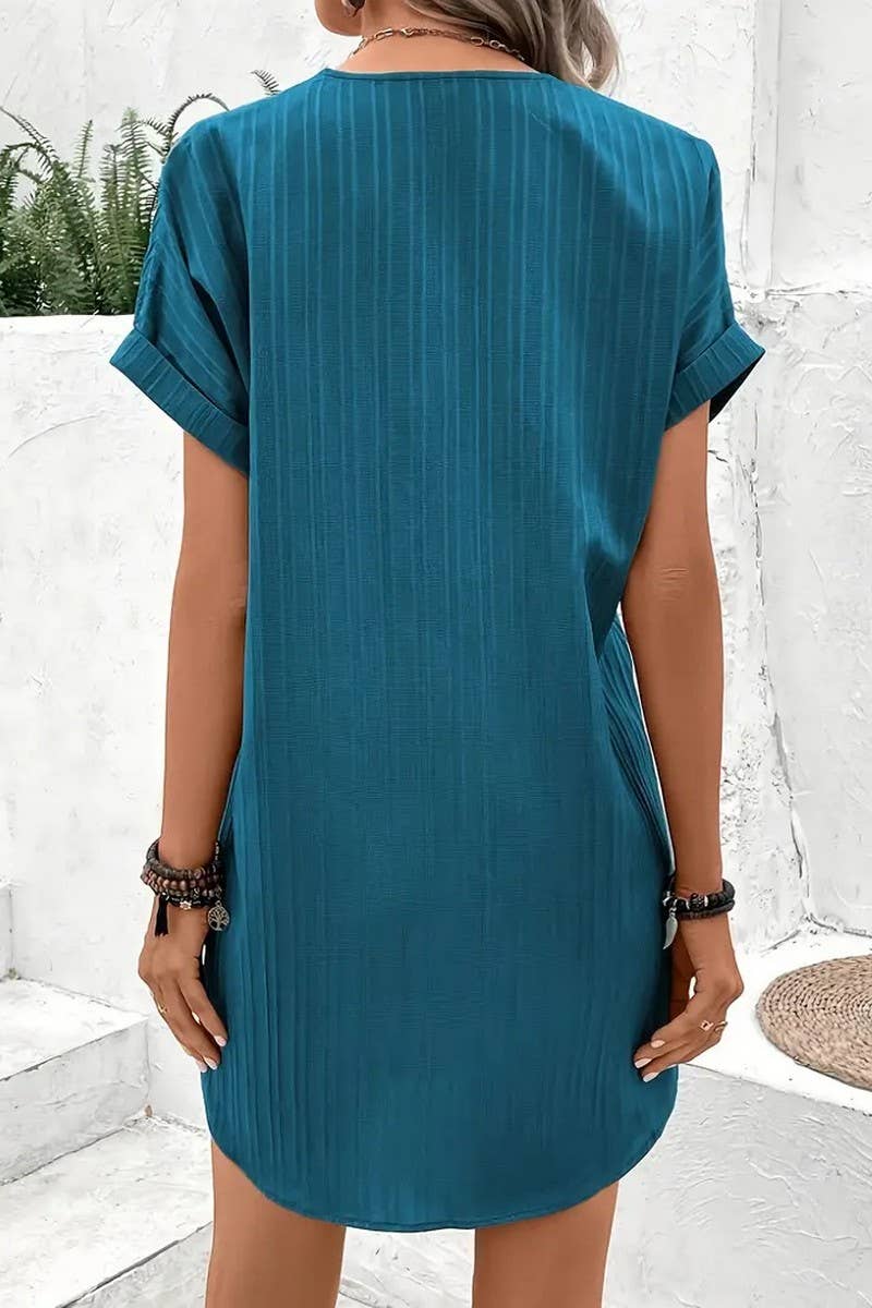 CWDSD6539_V-NECK SOLID COLOR PULLOVER CASUAL BUTTON DRESS