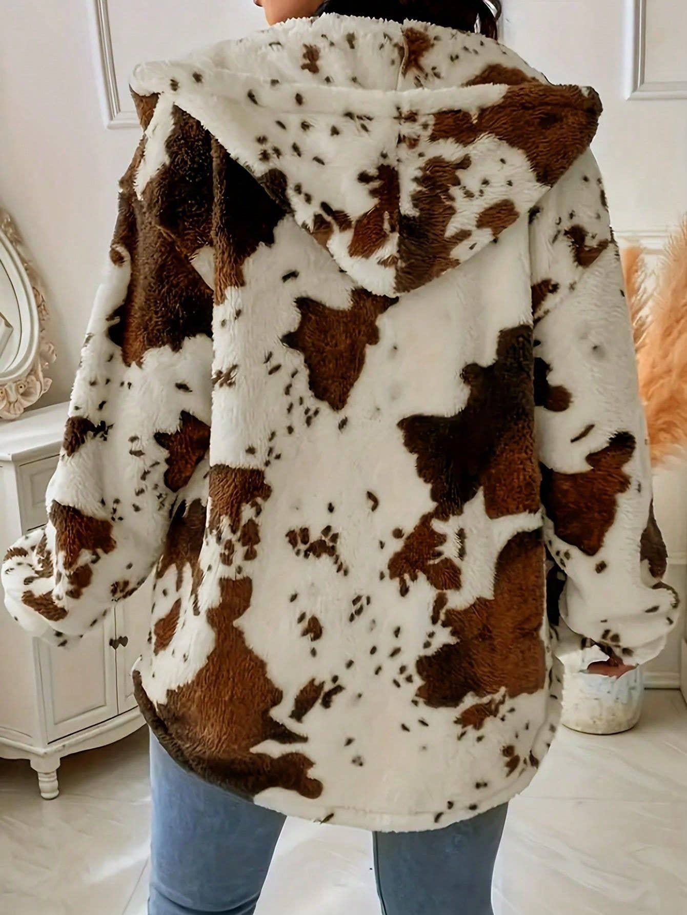 FASHION PLUSH FEMALE COW PRINT ZIPPER HOODIE