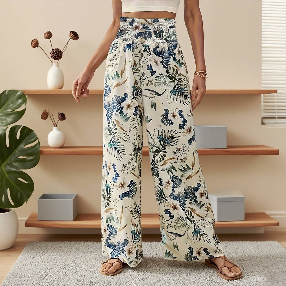 High-waisted,long,straight,printed casual pants