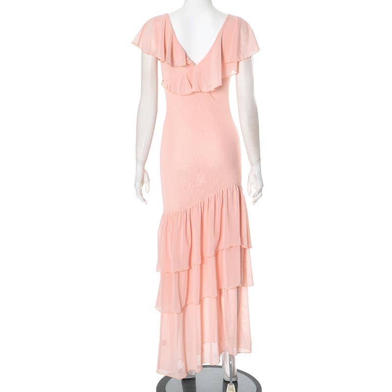 Ruffled V-Neck Mesh Backless Midi Dress