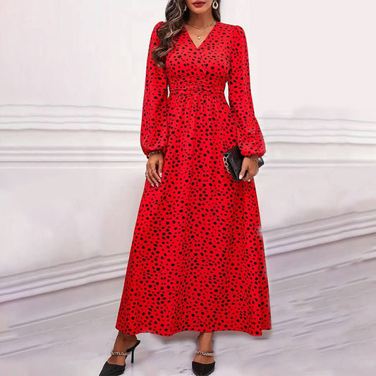 PUFFED SLEEVE V-NECK POLKA DOT LONG-SLEEVED DRESS