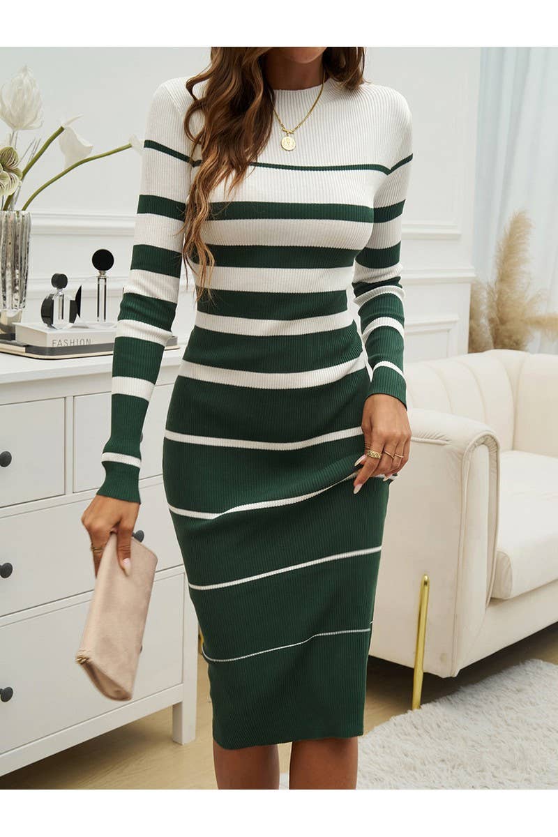 CWDMD3144_Elegant Color-Matching Long Sleeved Sweater Dress
