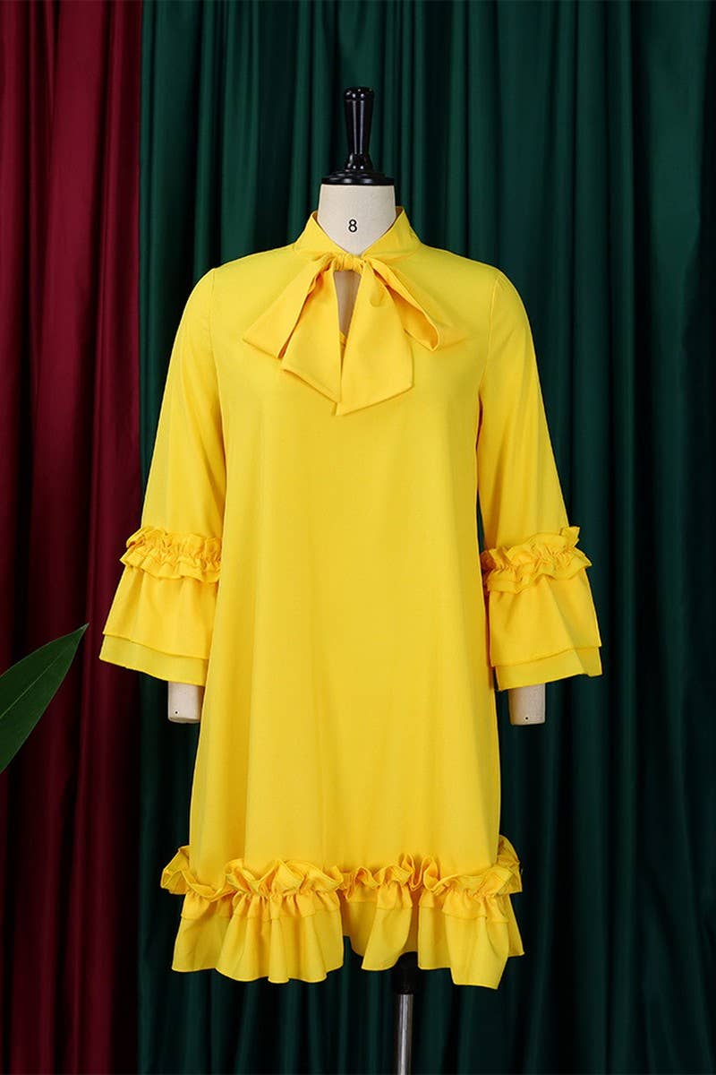 CWDSD10890_2025 PLUS SIZE WOMEN RUFFLE SLEEVE TIE WAIST DRES