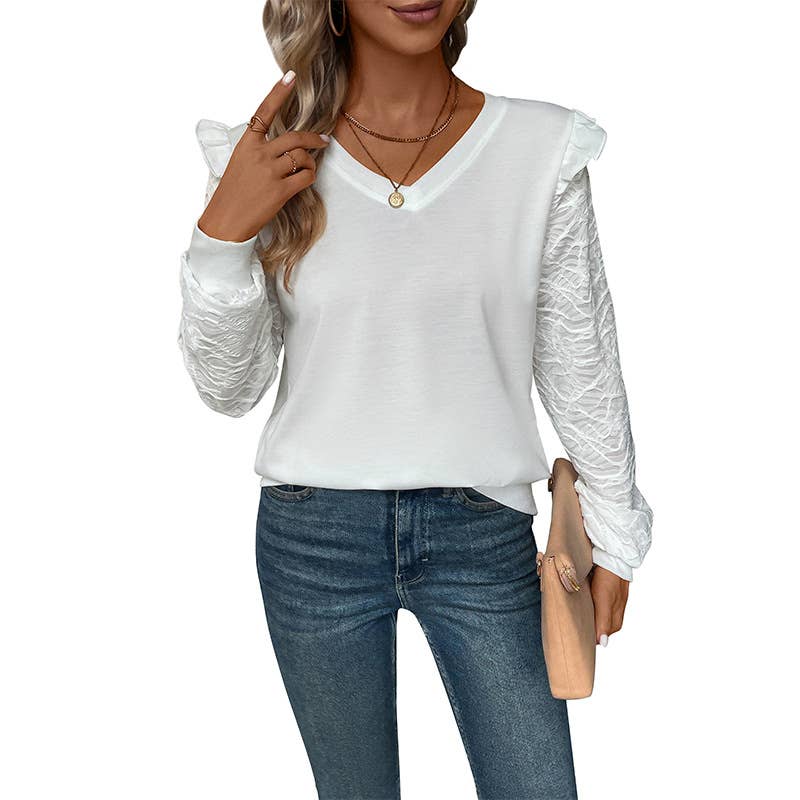 V-NECK SOLID COLOR LACE PATCHWORK PULLOVER HOODIE