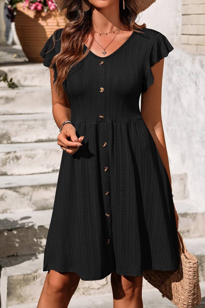 CWDSD6686_V-NECK BUTTON WAIST ELASTIC SHORT SLEEVE DRESS