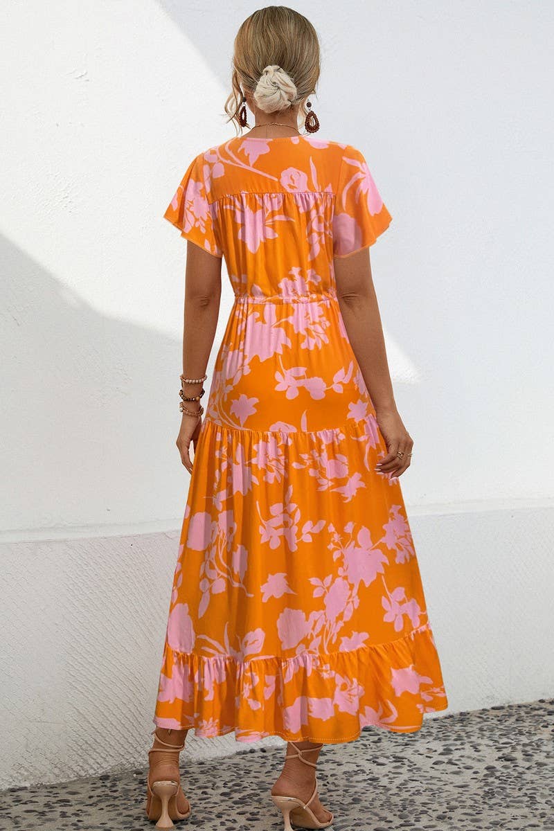 CWDMD2767_V-NECK FLORAL PRINT BUTTON-DOWN LONG DRESS