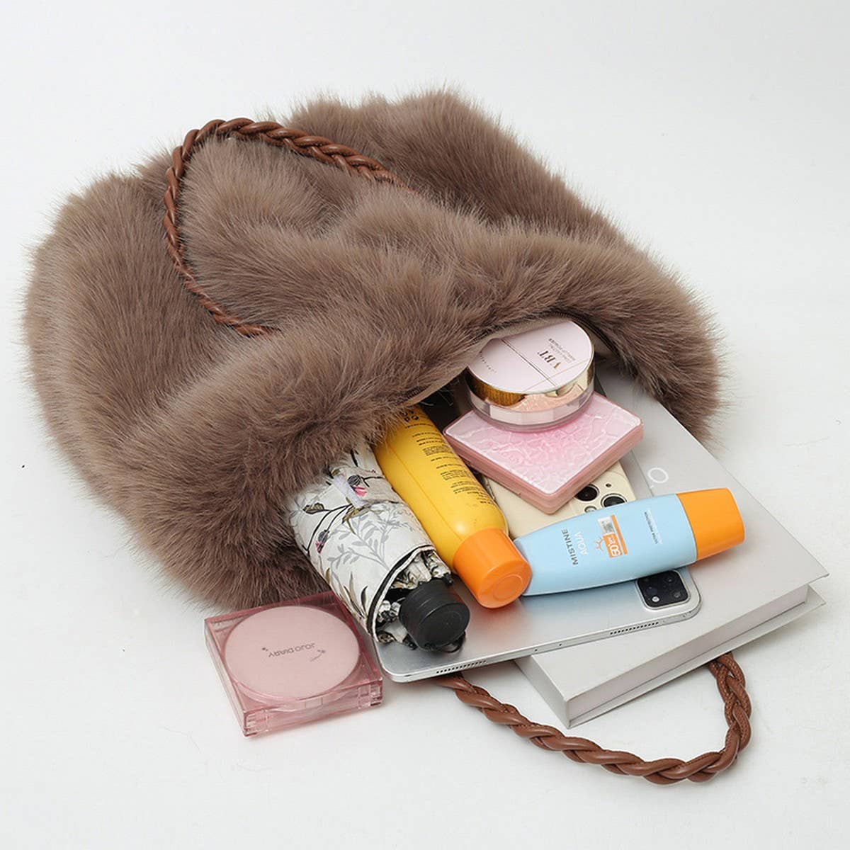 WINTER FASHION PLEATED FAUX FOX FUR PLUSH BAG_CWAB3921