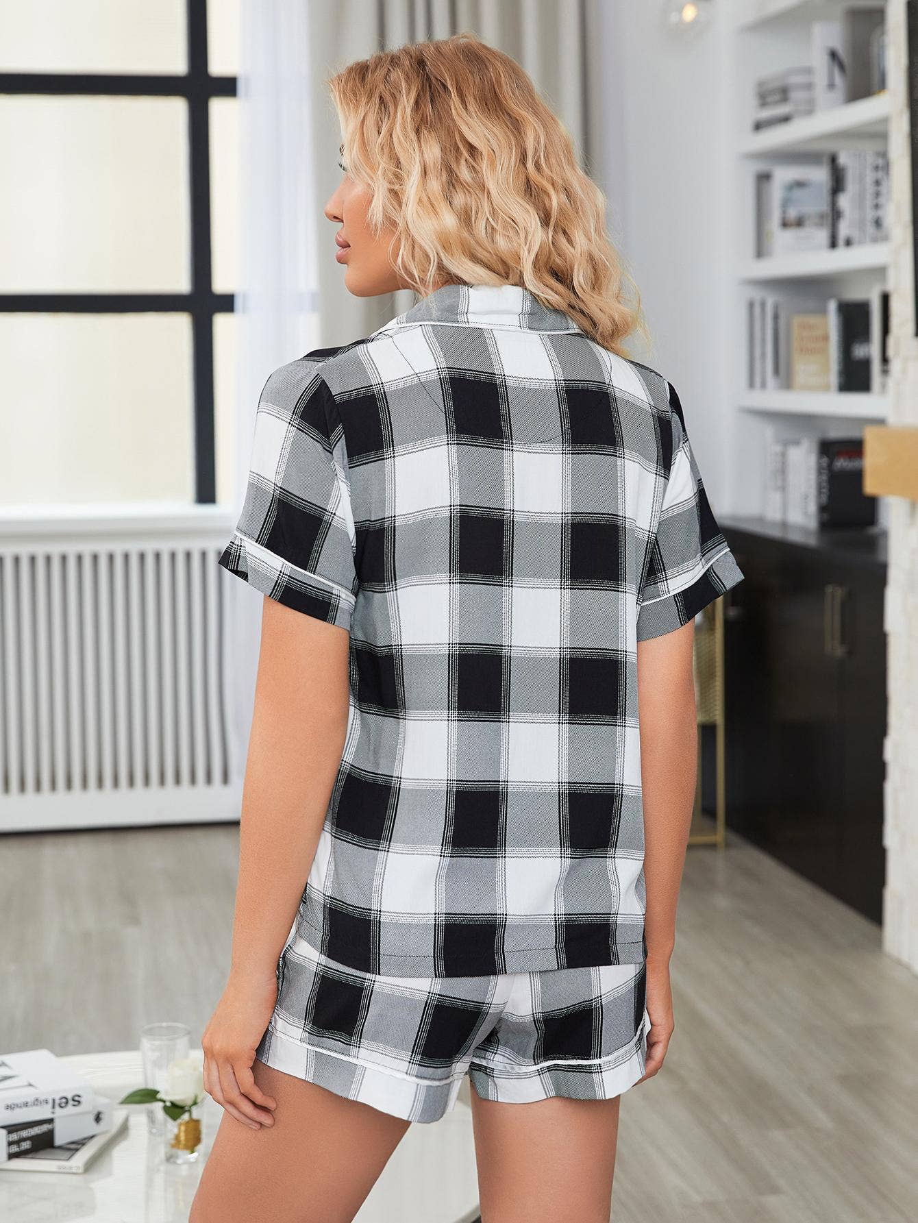 Plaid cardigan home two-piece set