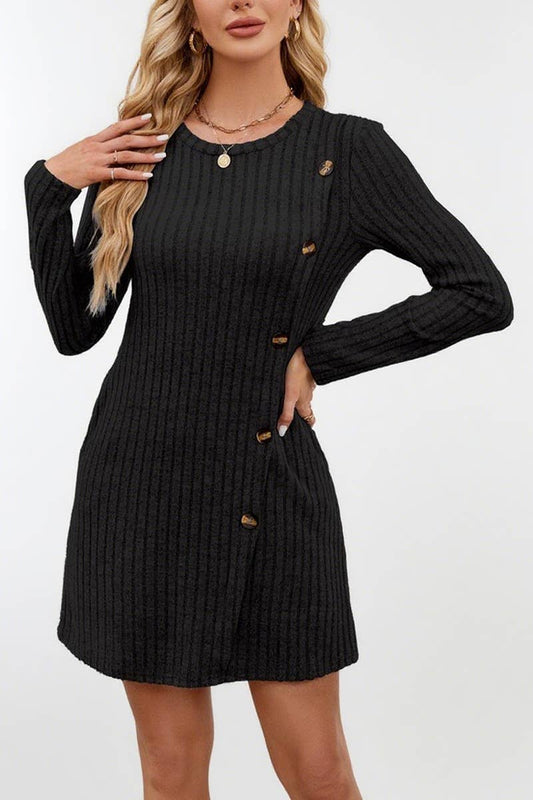 CWDSD8831_ROUND NECK SIDE BUTTON POCKET WAIST DRESS