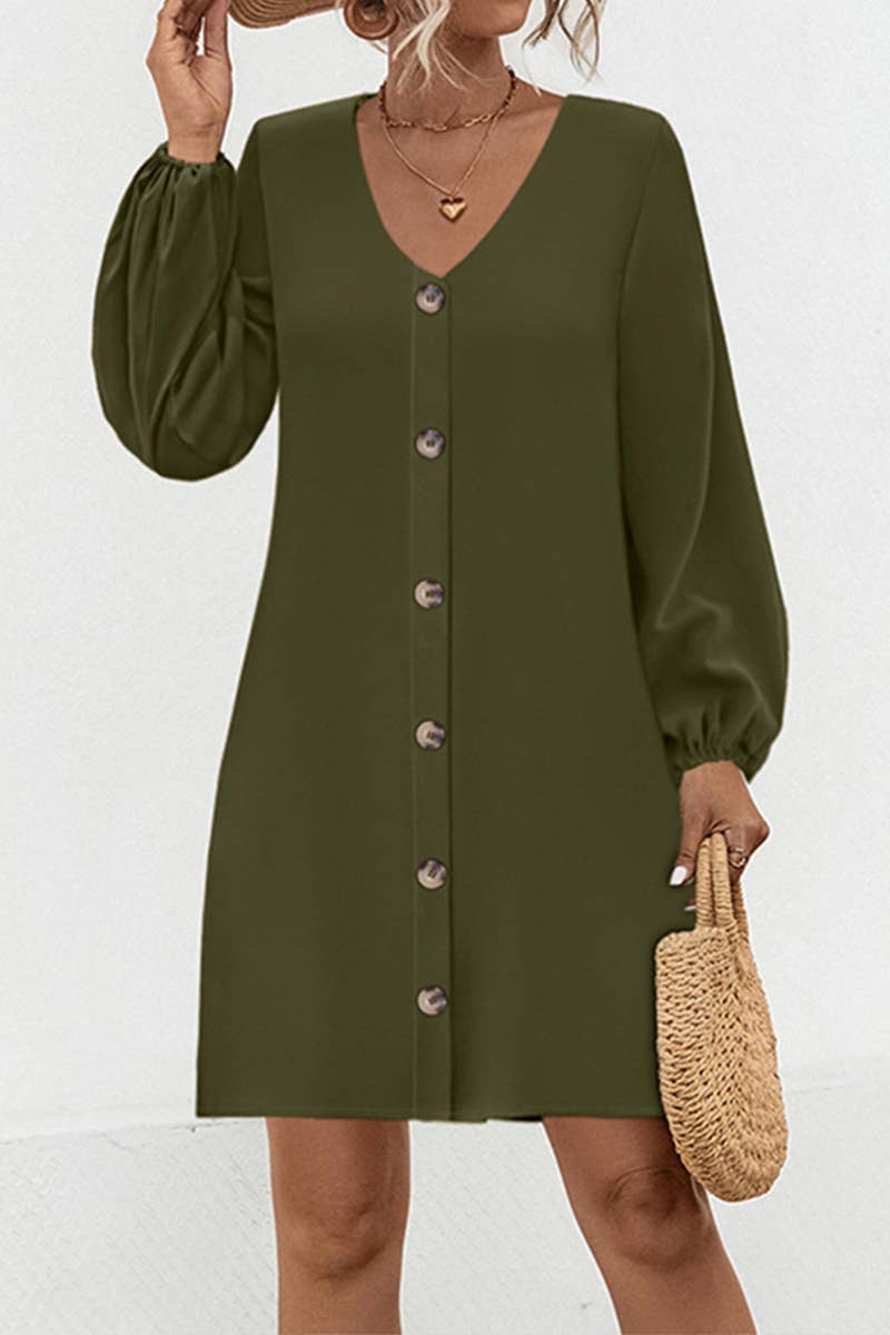 V-NECK SOLID COLOR LANTERN SLEEVE DRESS