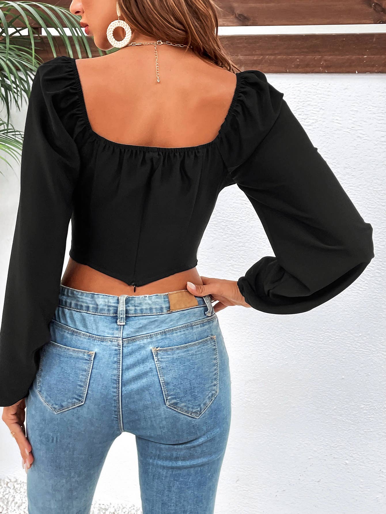 Slimming puffed-sleeve long-sleeved sexy top
