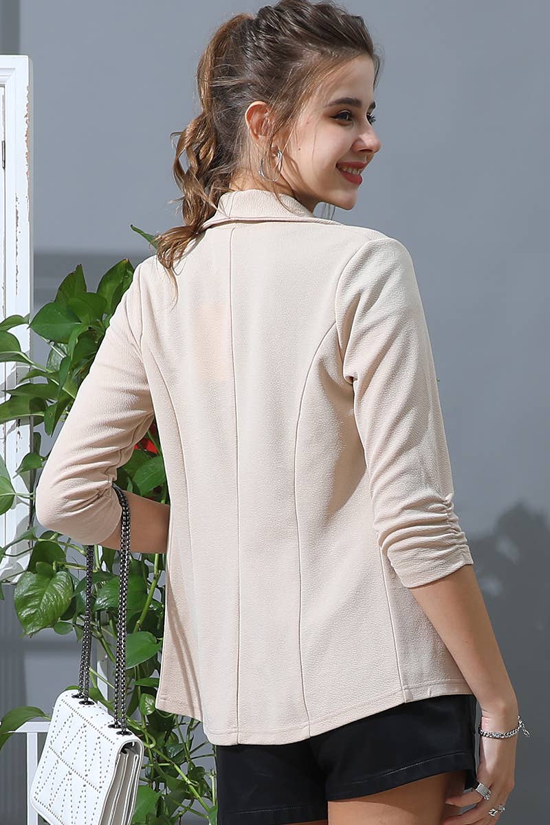 CWOBL106-P_3/4 SLEEVE WITH SHIRRING DETAILED OPEN BLAZER