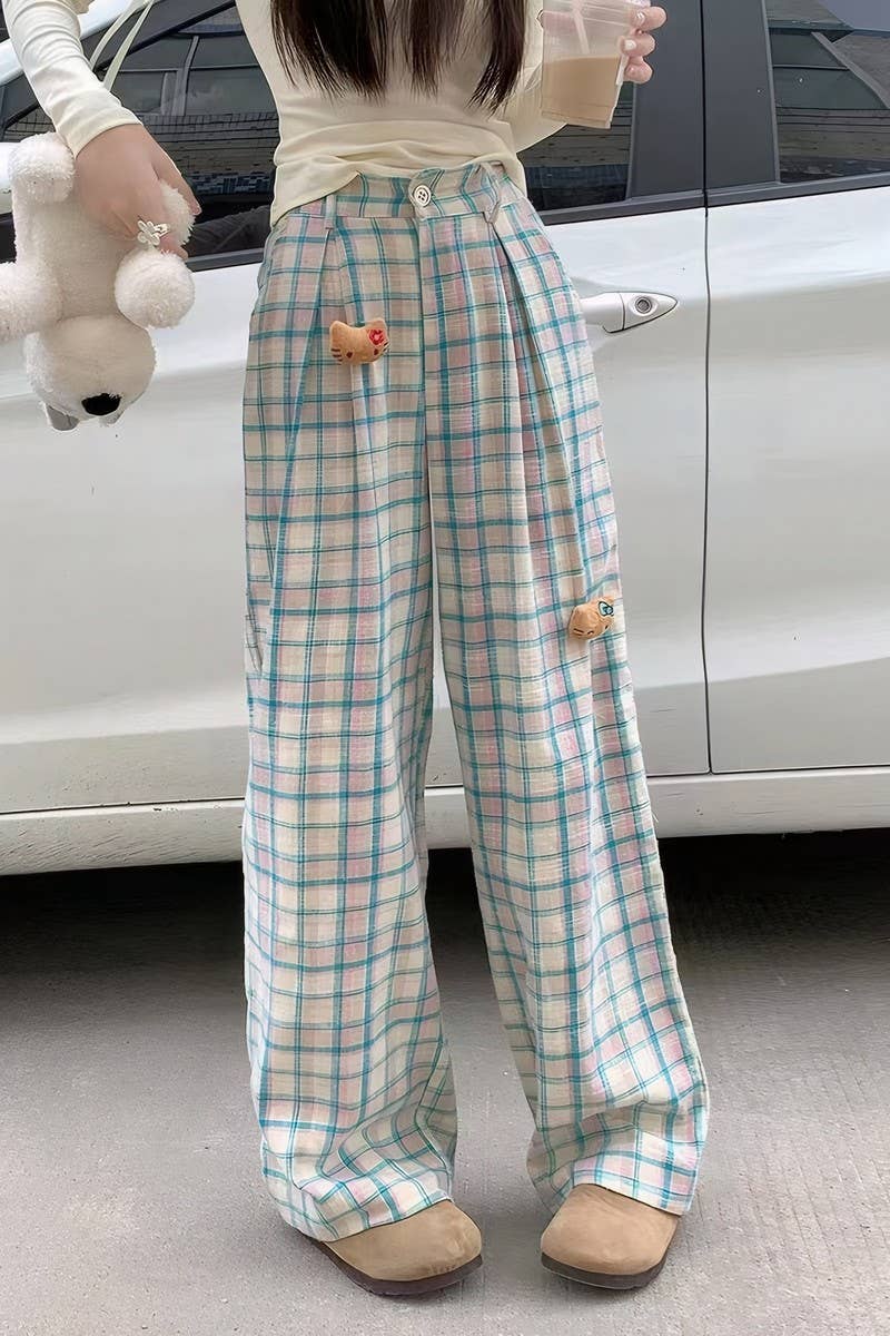 CWBLP2081_PLAID HIGH WAIST LOOSE DOPAMINE LOUNGE PANTS