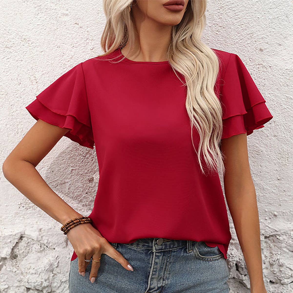 SOLID COLOR TOP WITH DOUBLE LOTUS SLEEVES