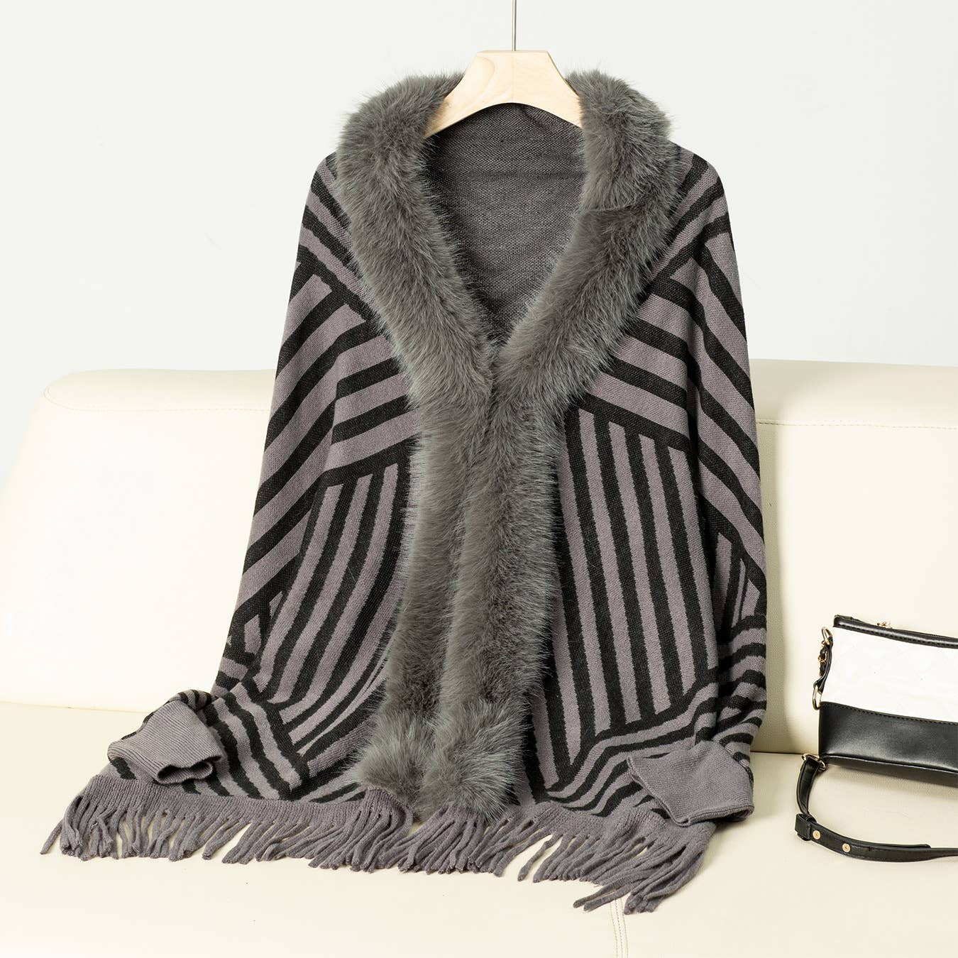 Fashion striped fringe knitted shawl cape