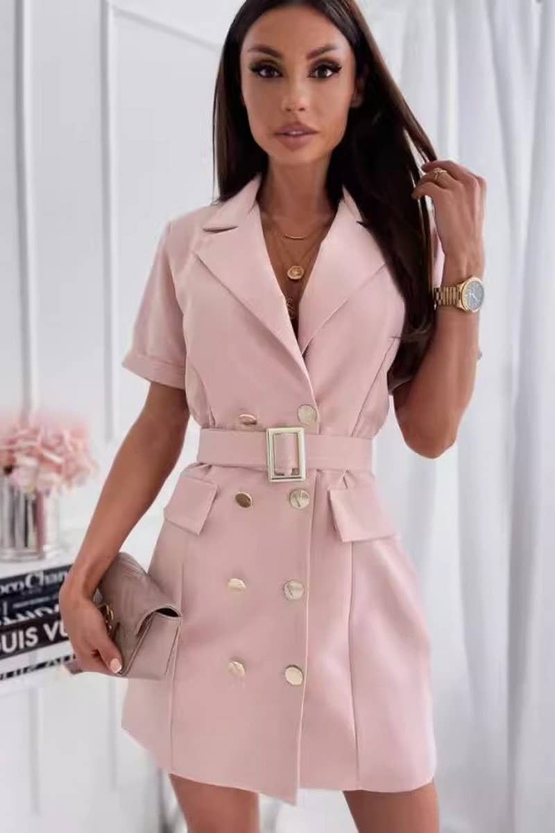 CWDSD6572_DOUBLE BREASTED BELTED SUIT COLLAR DRESS