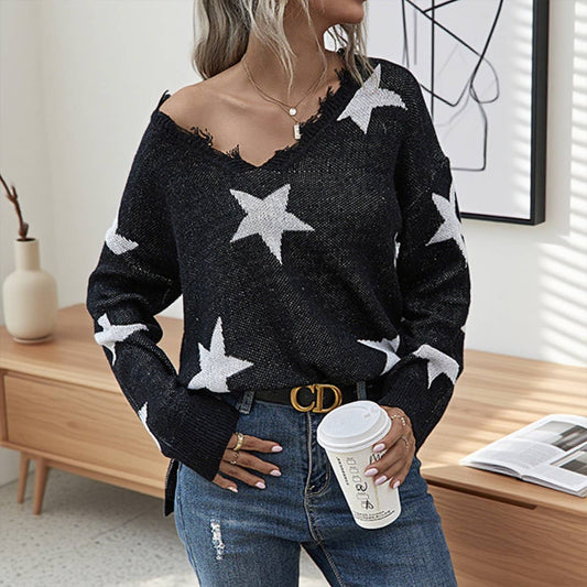 V-neck star jacquard fringed knitted sweater