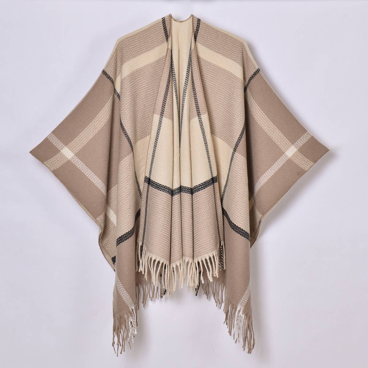 WOMEN THICKENED TASSEL PINSTRIPE SHAWL CAPE