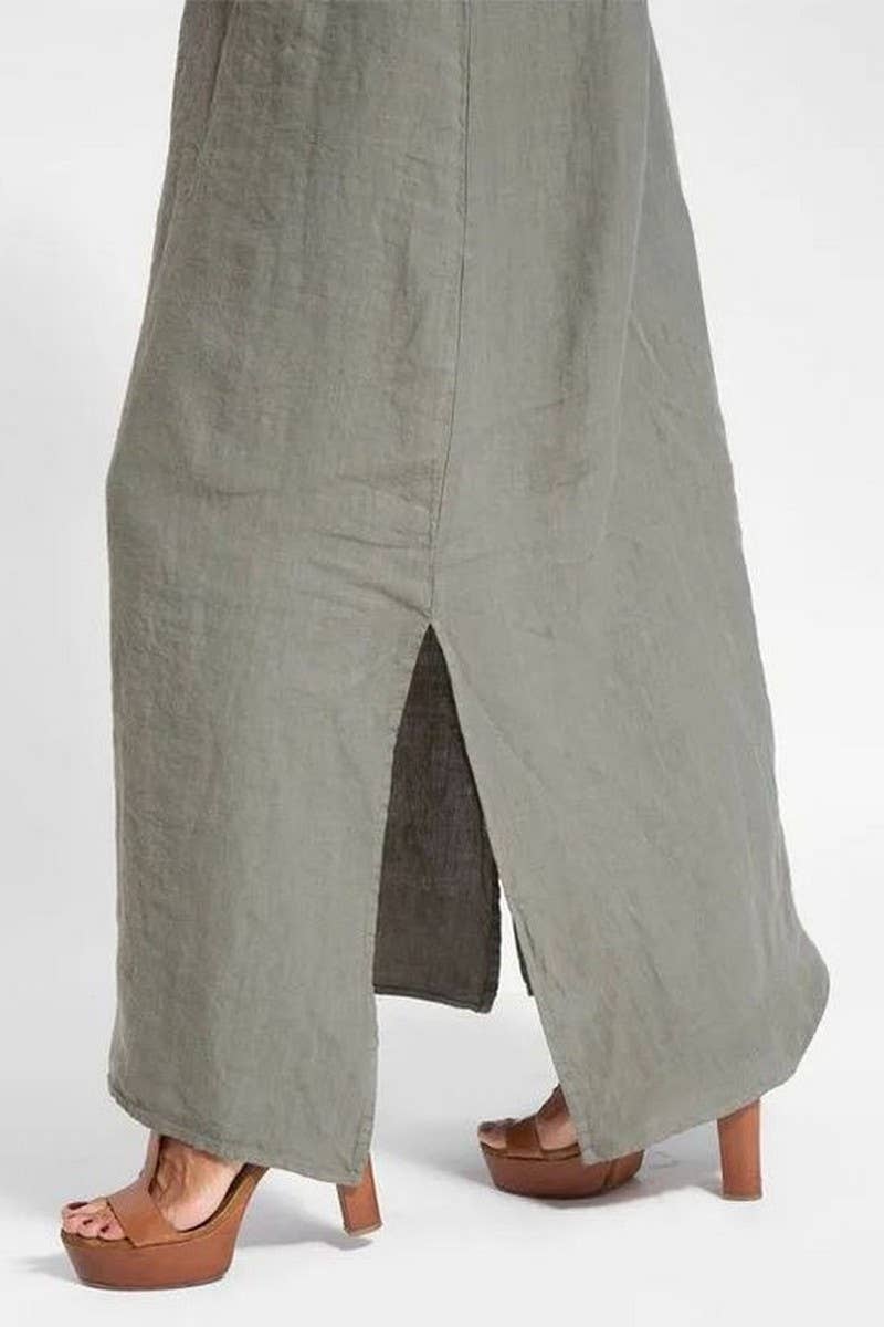 CWDMD01027_CASUAL COTTON AND LINEN SLIT SUSPENDER DRESS