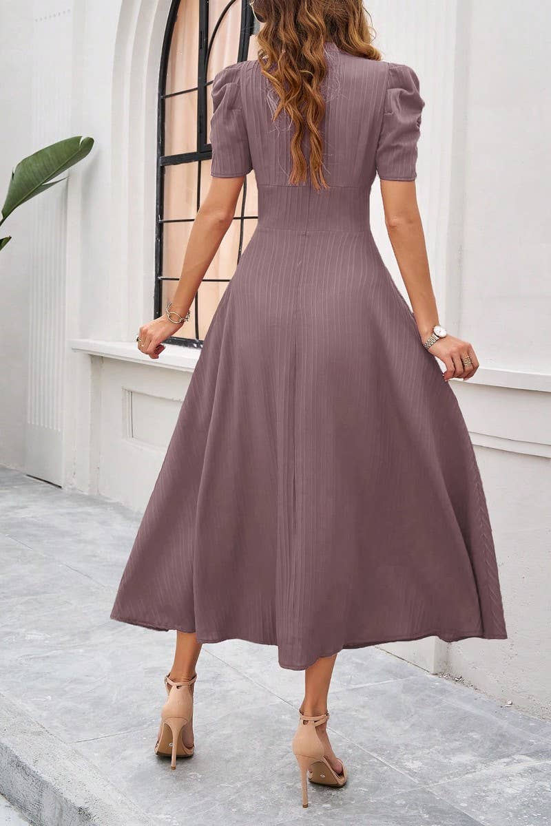 CWDMD5340_V-NECK ELEGANT SOLID COLOR HIGH WAIST DRESS