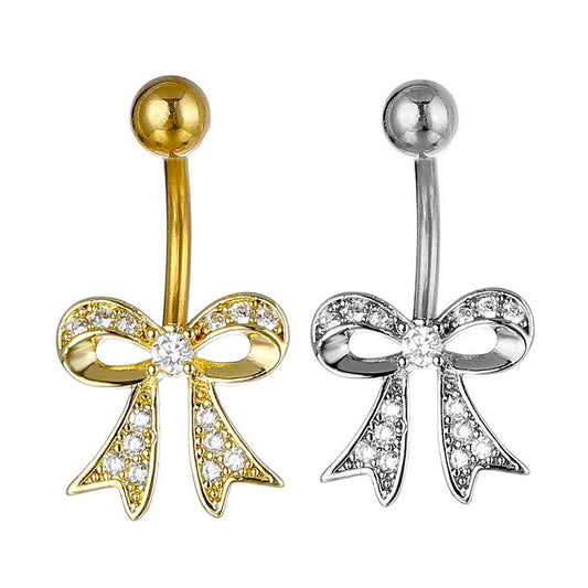 Stainless Steel CZ Bow Belly Ring Navel Piercing_CWMM9316