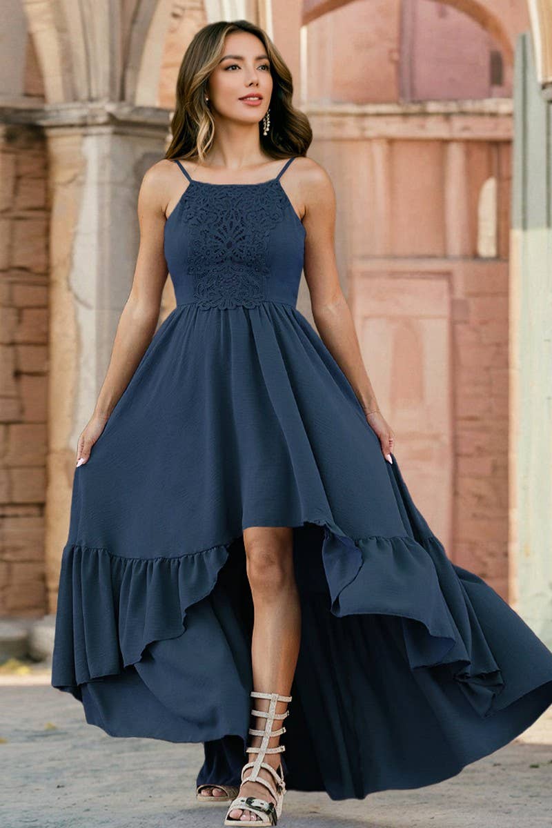 CWDMD6183_LACE TRIM ASYMMETRICAL A-LINE CAMI DRESS