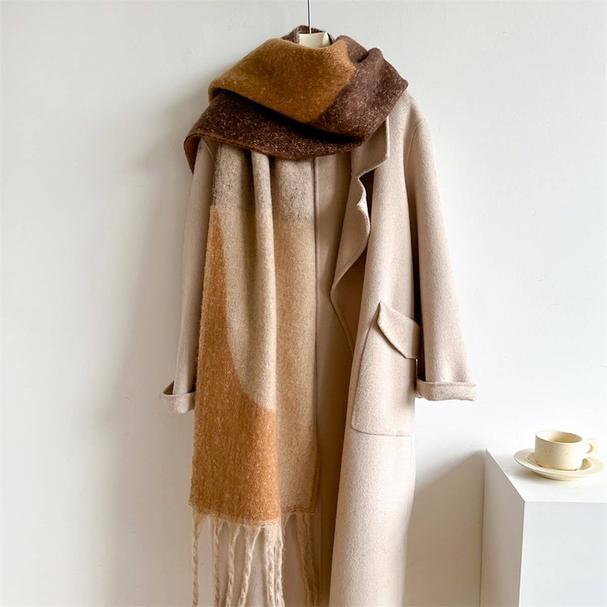 Geometric Fringe Wool Scarf,Thick Colorblock Shawl