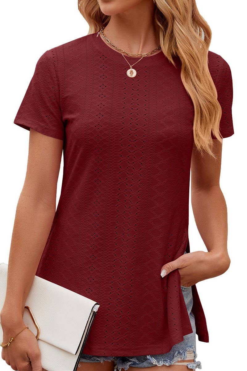 ROUND NECK SPLIT SHORT SLEEVE LOOSE PULLOVER_CWTSTS0216