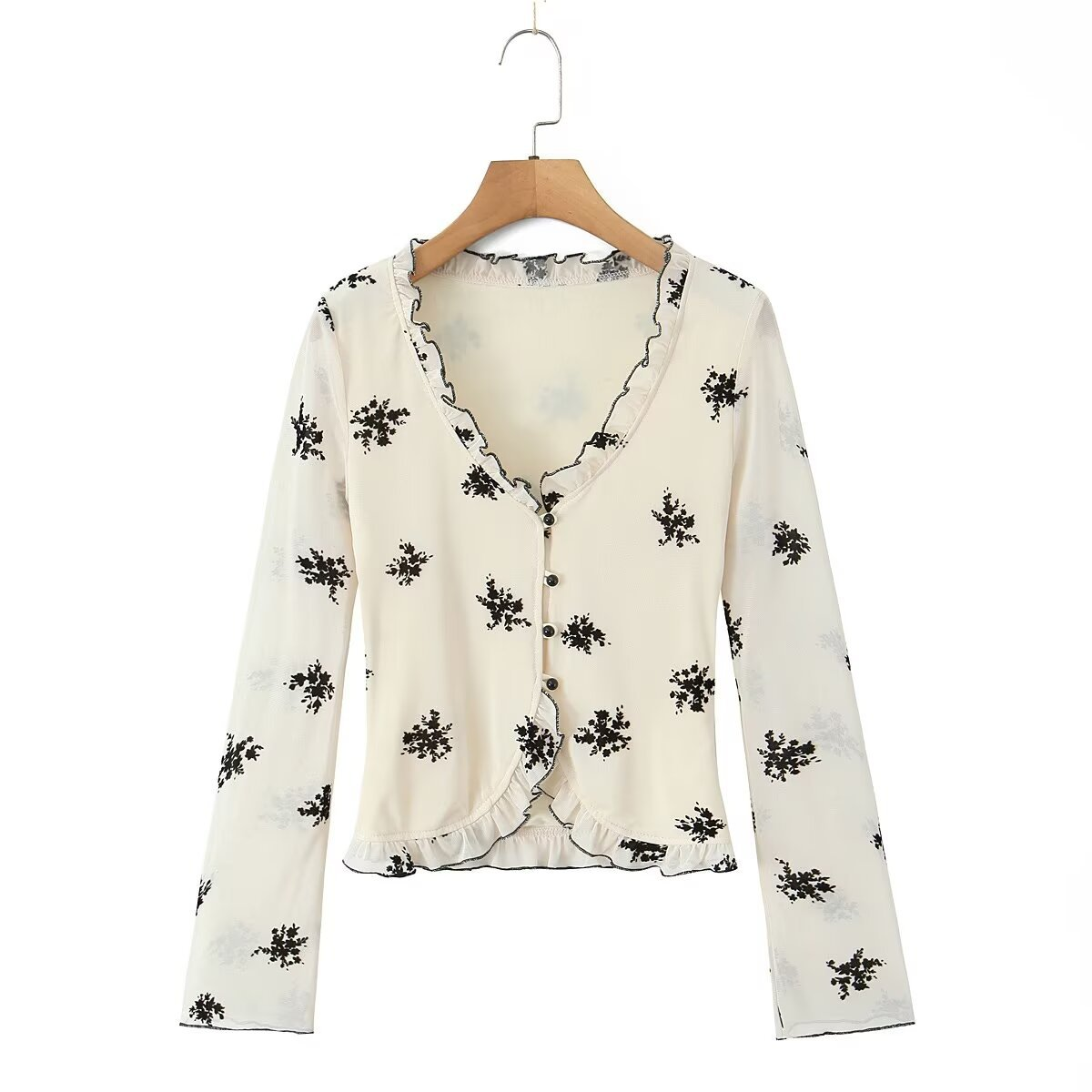 Floral Ruffle Mesh Cardigan V Neck Top