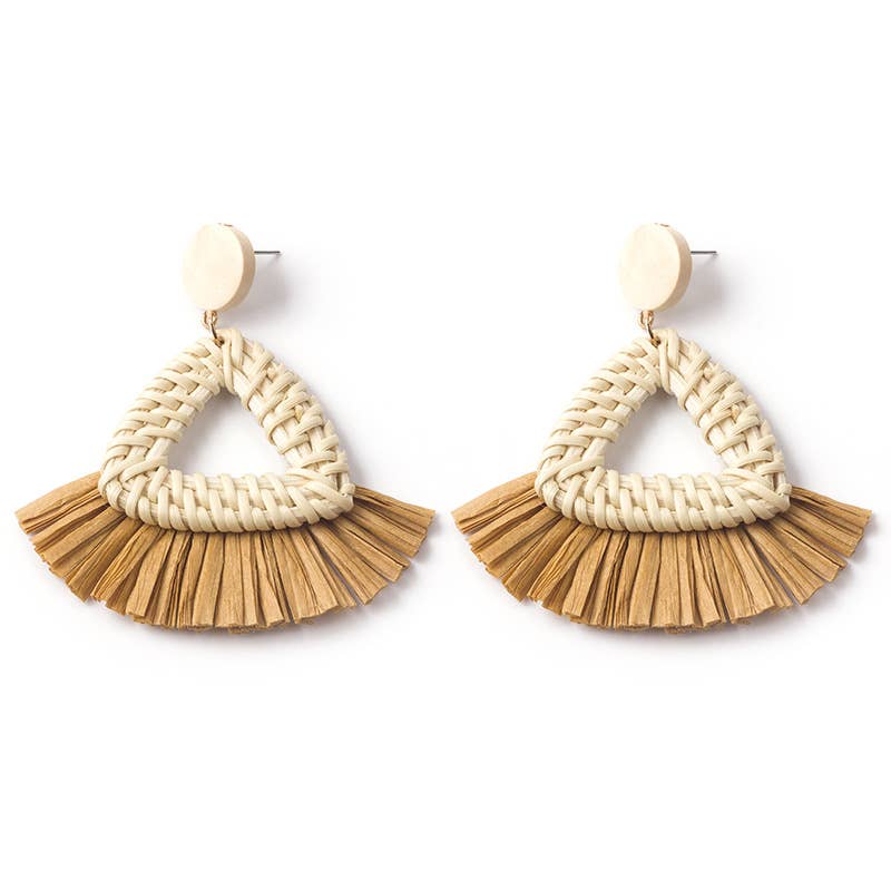 Hand-woven geometric rattan raffia earrings