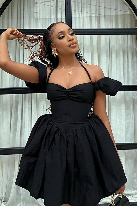 CWDSD6714_OFF-SHOULDER HALTERNECK DRESS WITH PUFF SLEEVES