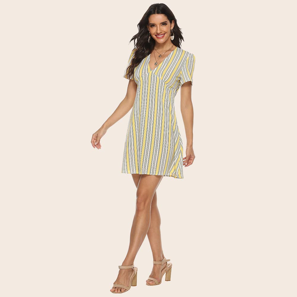 STRIPED V-NECK SHORT-SLEEVED SKIRT DRESS