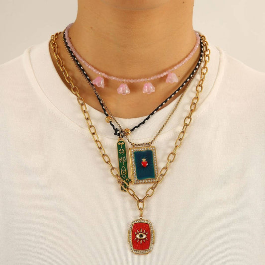 Vintage Steel Square Evil Eye Pendant Necklace