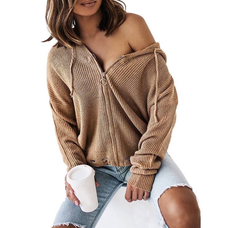 HOODED KNIT SOLID COLOR SHORT LOOSE JACKET