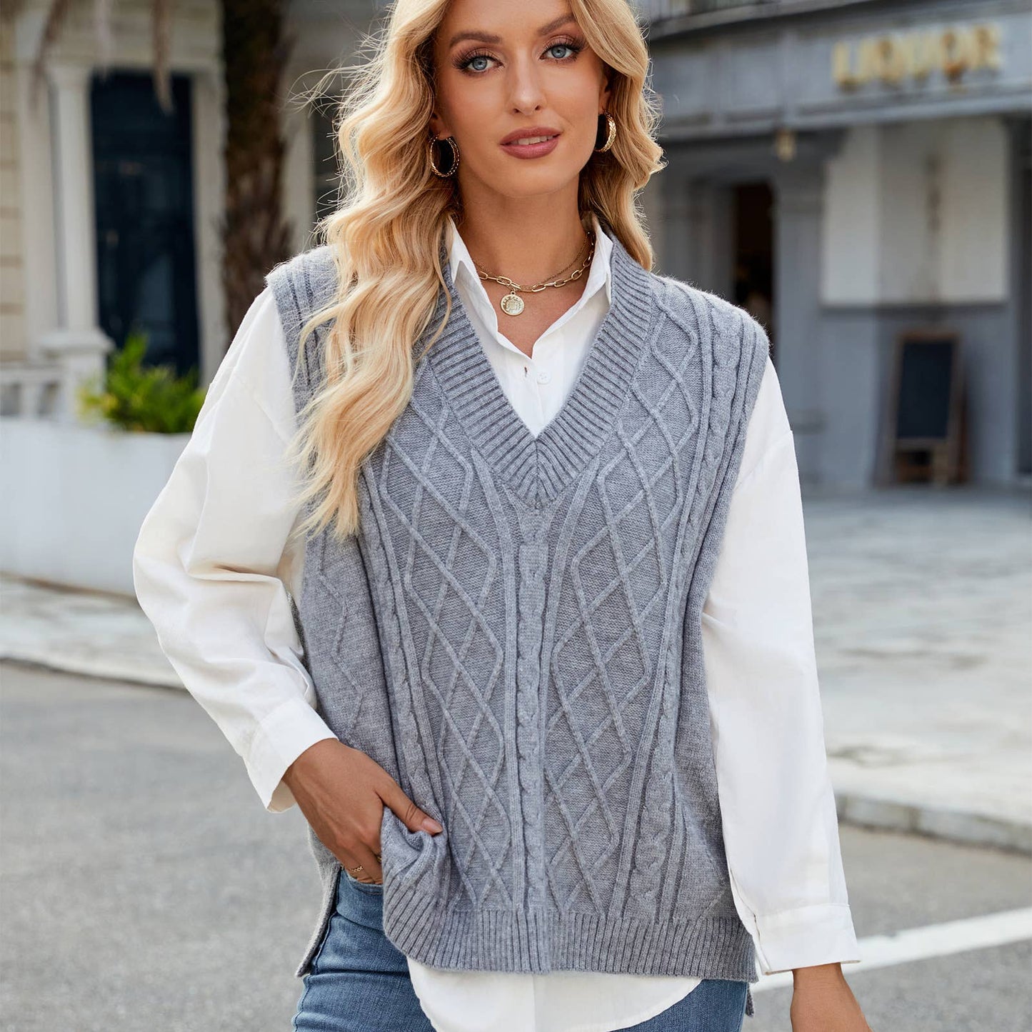 V-NECK LOOSE OUTSIDE VEST SOLID COLOR VEST