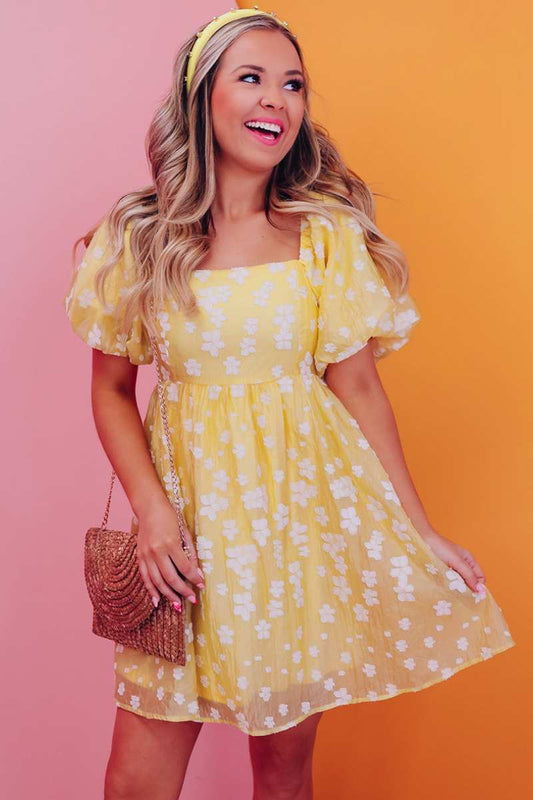 CWDSD5360_PUFFY SLEEVE SHORT SLEEVE HIGH-WAISTED DRESS
