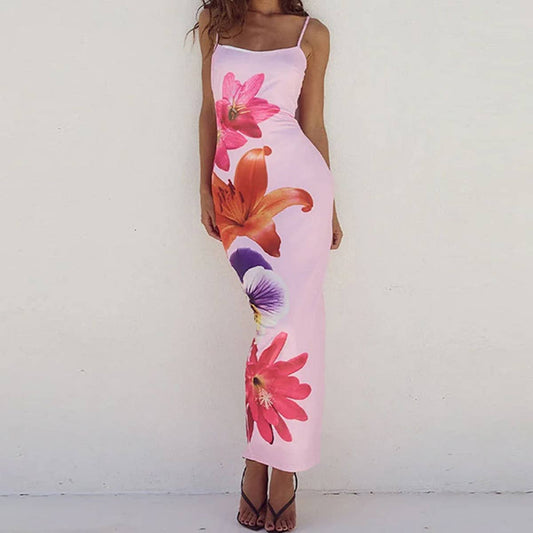 Fashion halter print wrap hip long dress