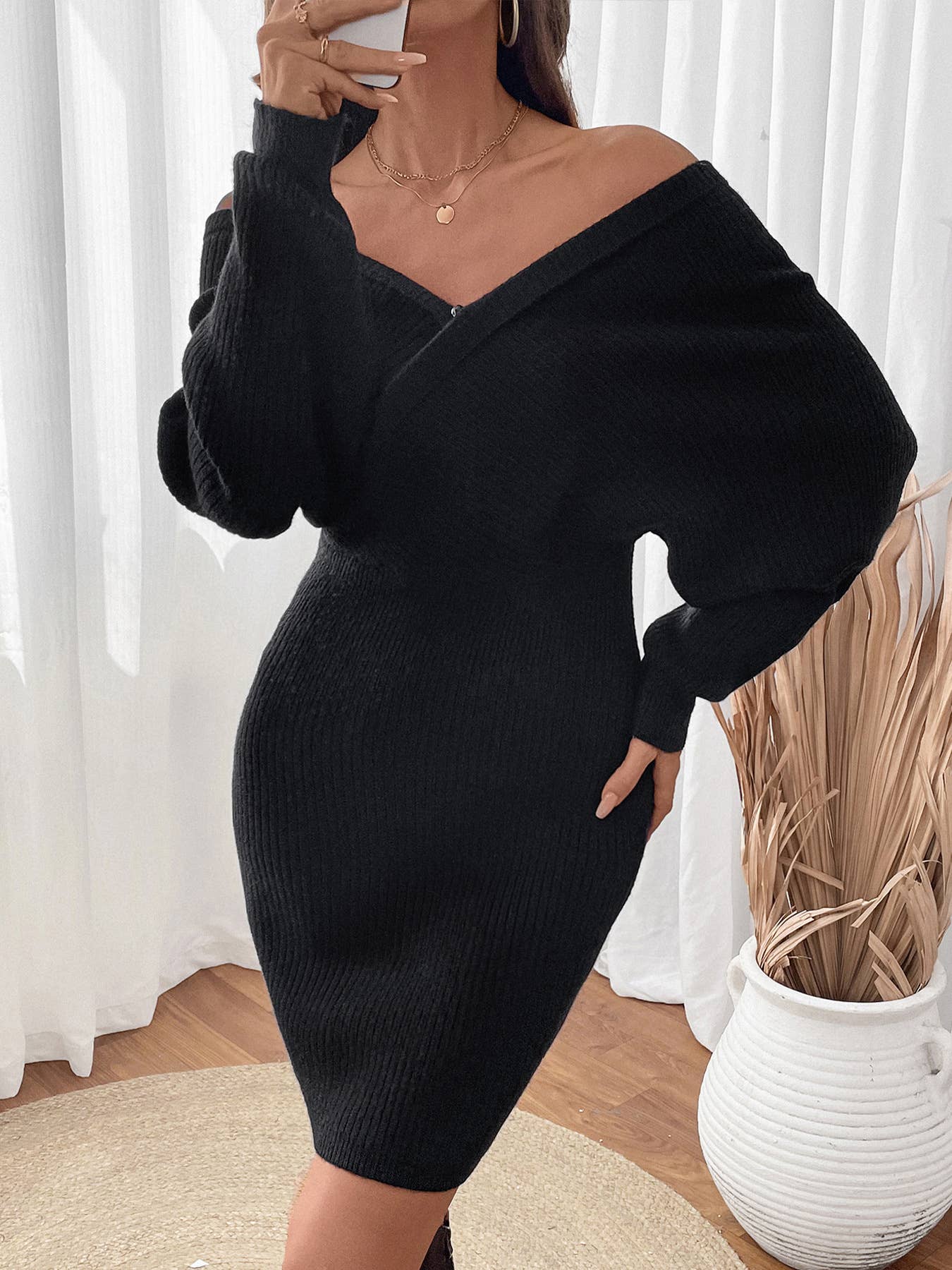 v Bat sleeve solid color tight knit sweater dress