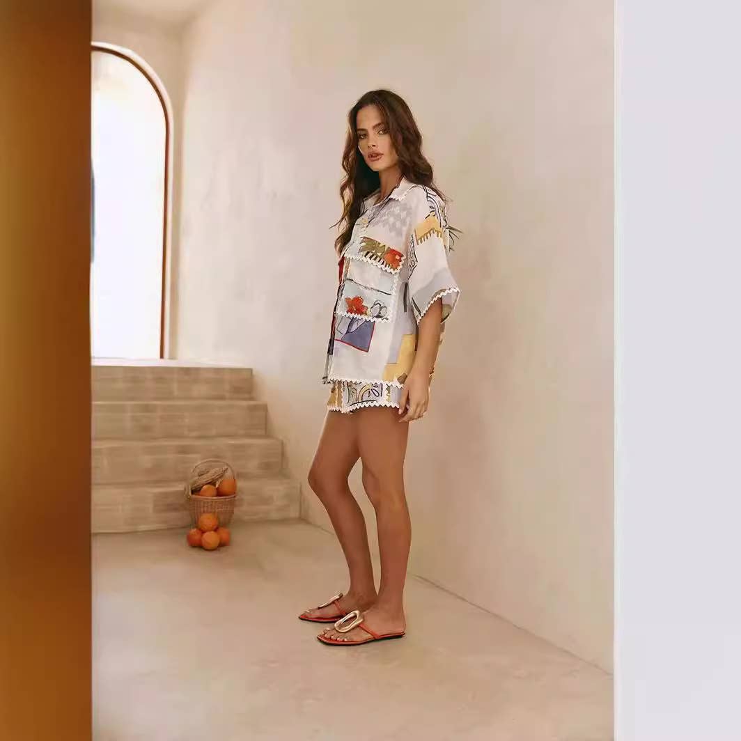 PRINTED SHIRT TOP LOOSE CASUAL SHORTS SUIT