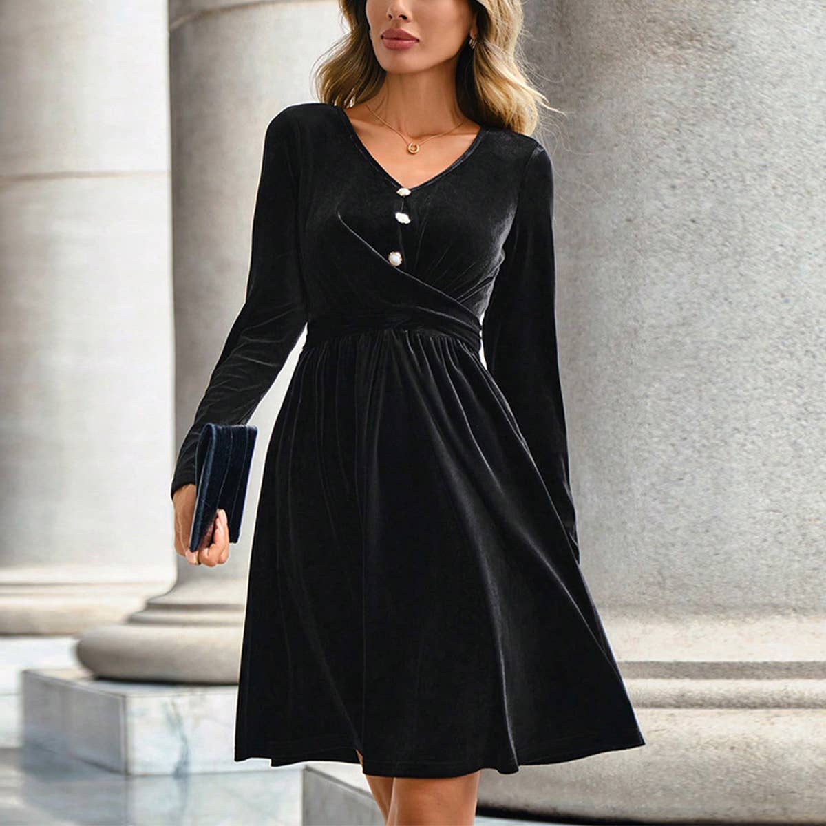 V NECK HEPBURN STYLE BLACK VELVET DRESS_CWDSD3228