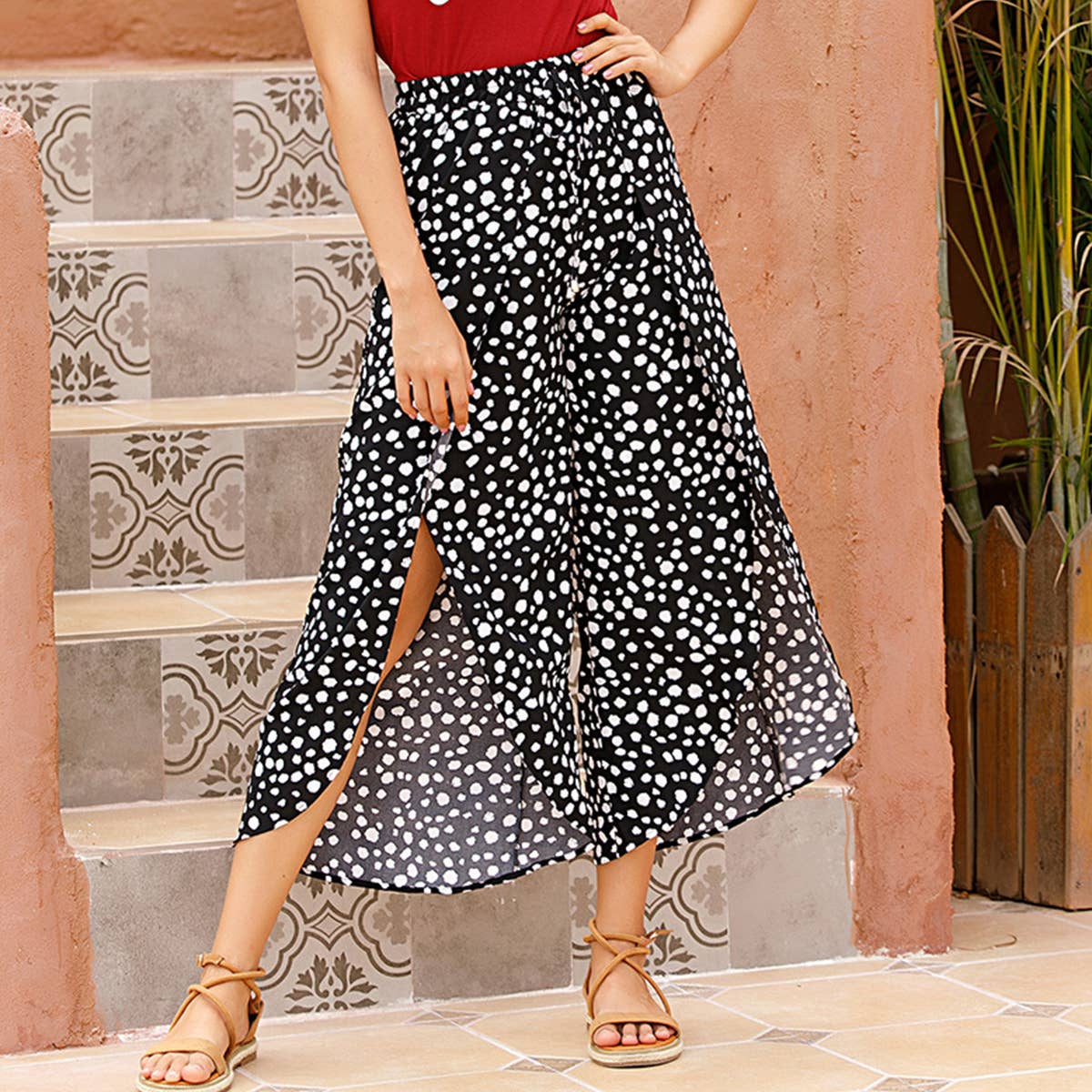 Leopard print irregular culottes slit