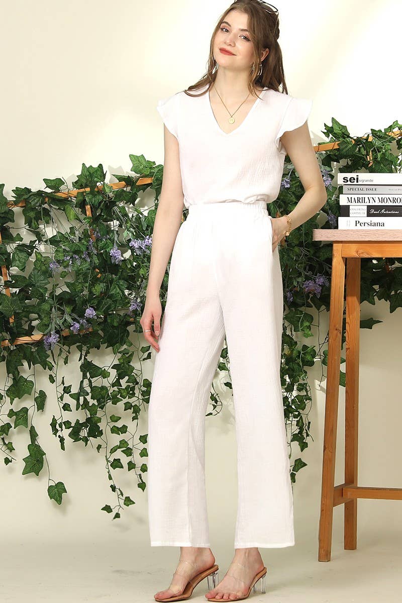 CWBLP426_BANDED SMOCKING LONG PANTS WITH BUTTON DETAILED