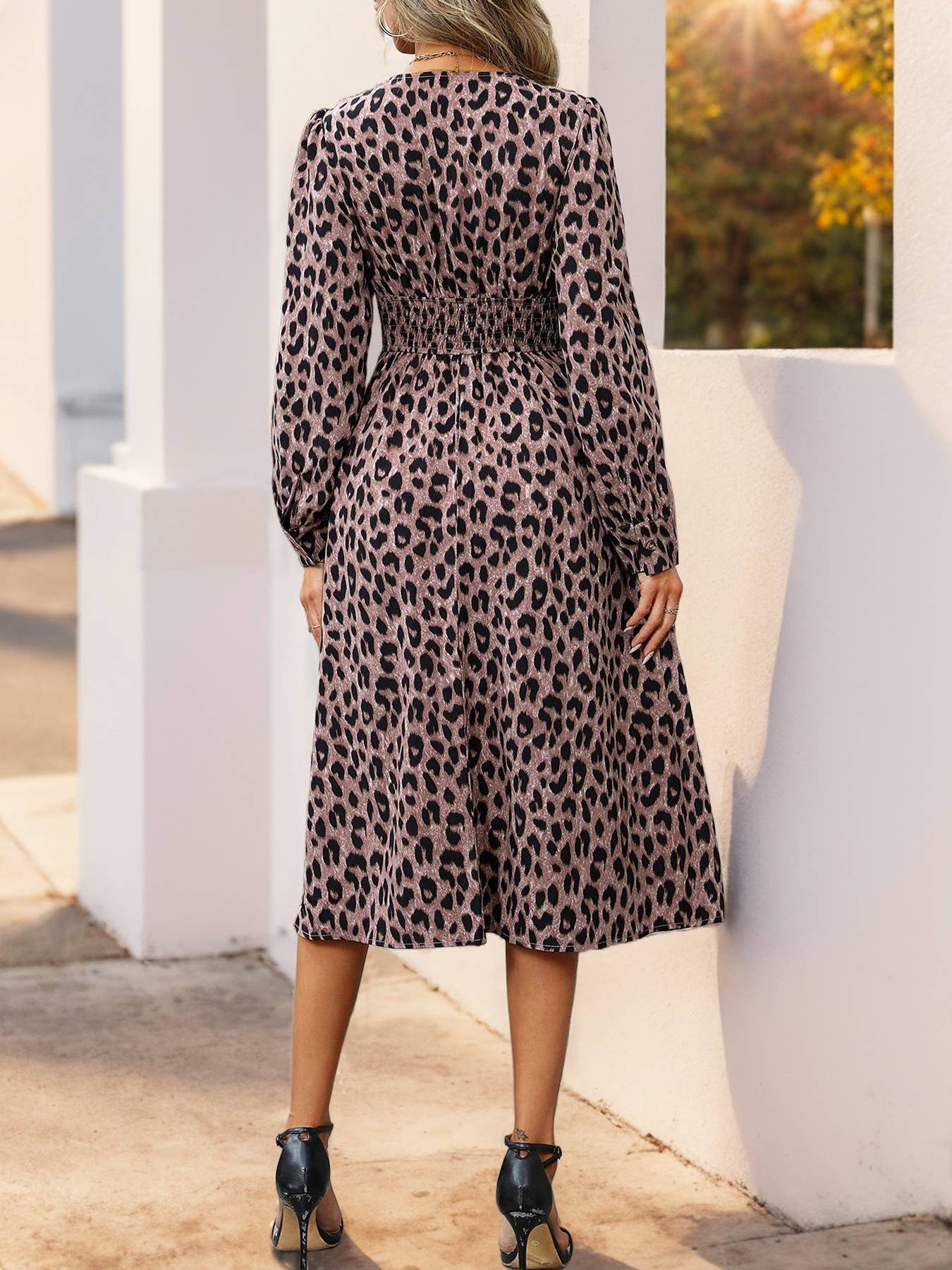 LEOPARD PRINT HIGH-WAISTED V-NECK LONG DRESS