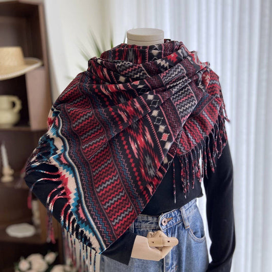 ETHNIC STYLE DOUBLE-SIDED PRINTED TASSEL SCARF