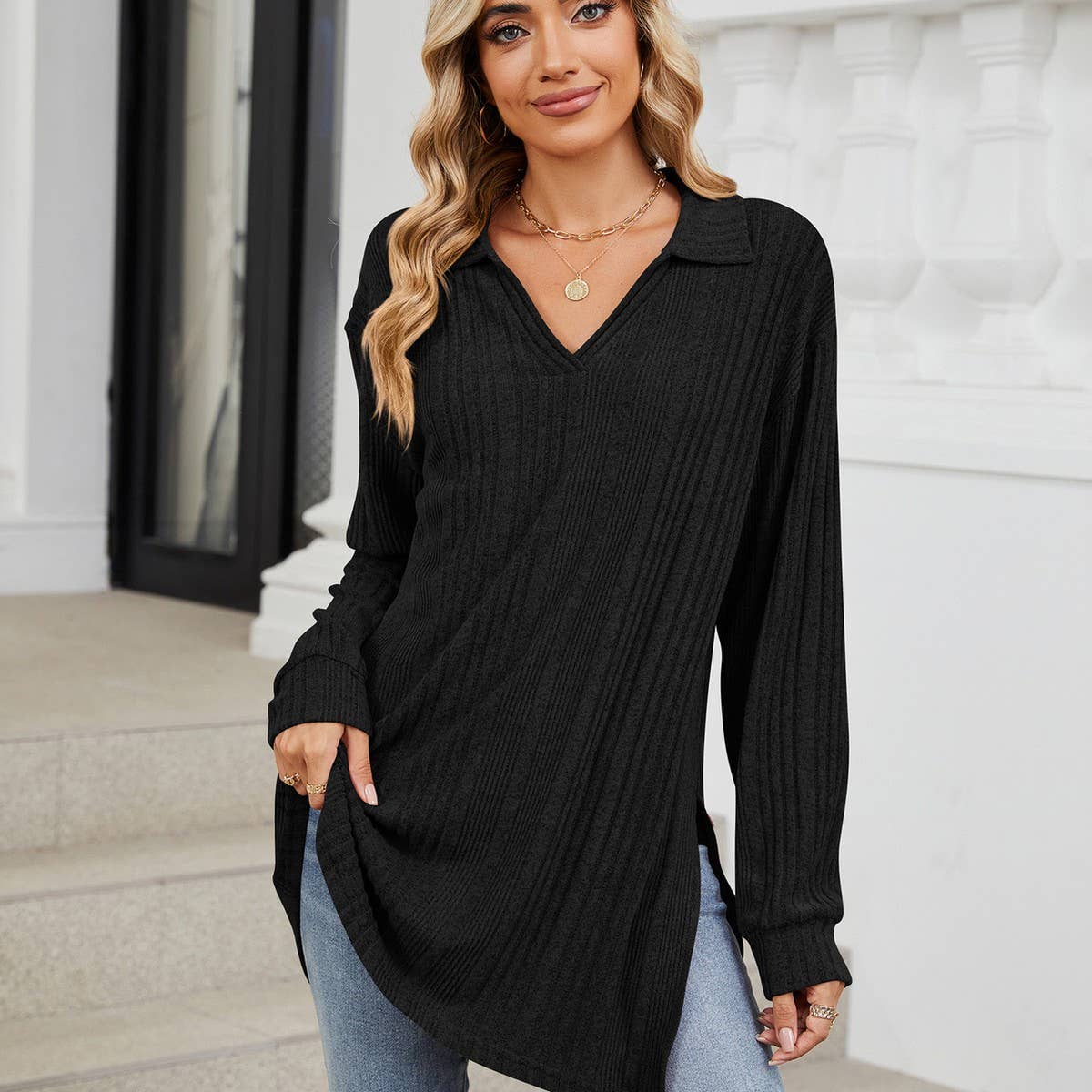 Lapel slit long sleeve loose long T-shirt