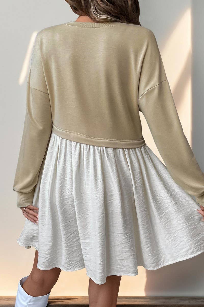 CWDSD6208_ROUND NECK CONTRAST COLOR PANEL LONG SLEEVE DRESS