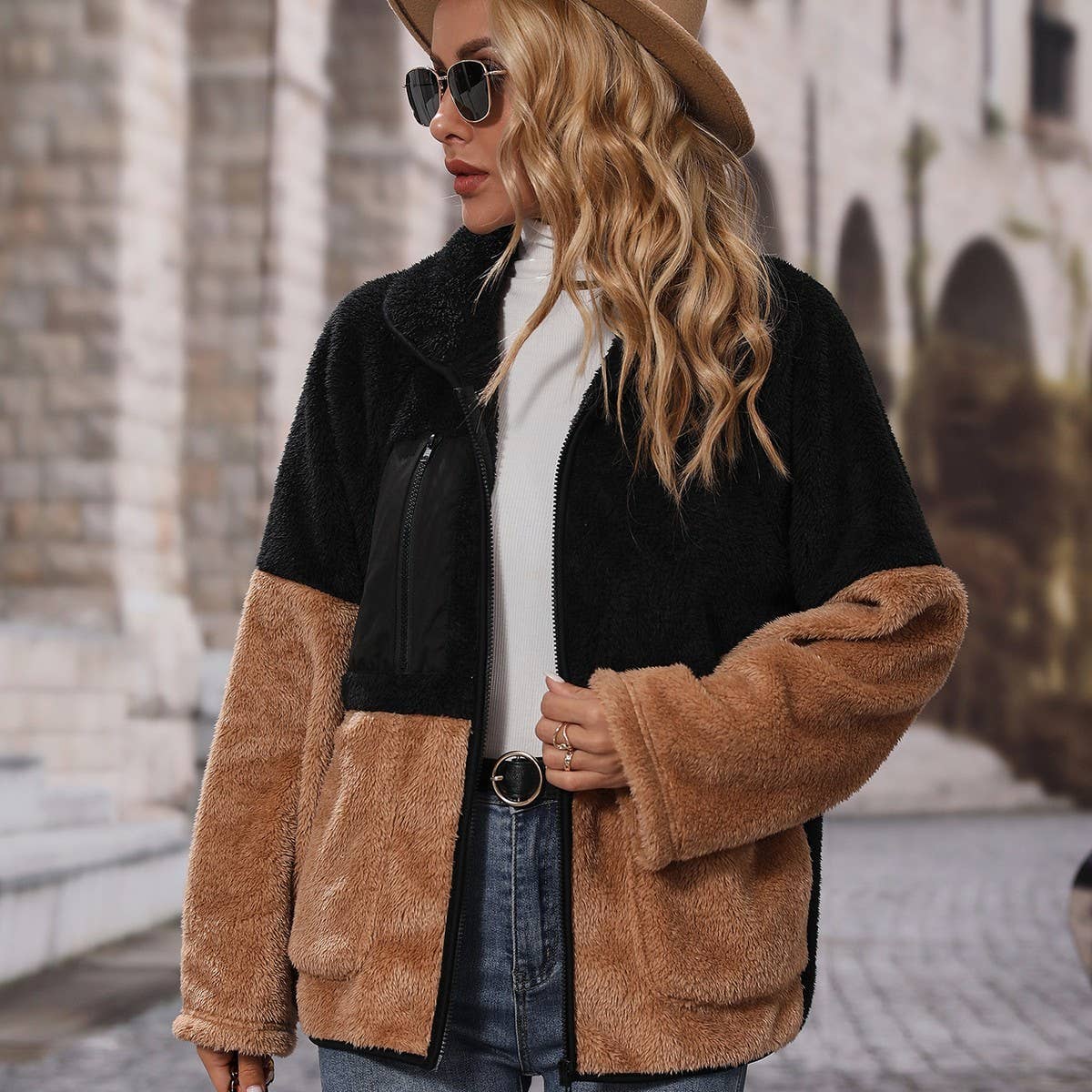 Lapel long sleeve zipper fleece jacket