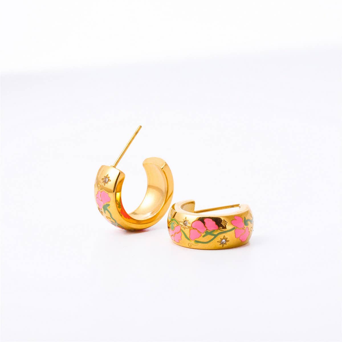 Enamel Floral Rose C Hoop Earrings Gold Stainless
