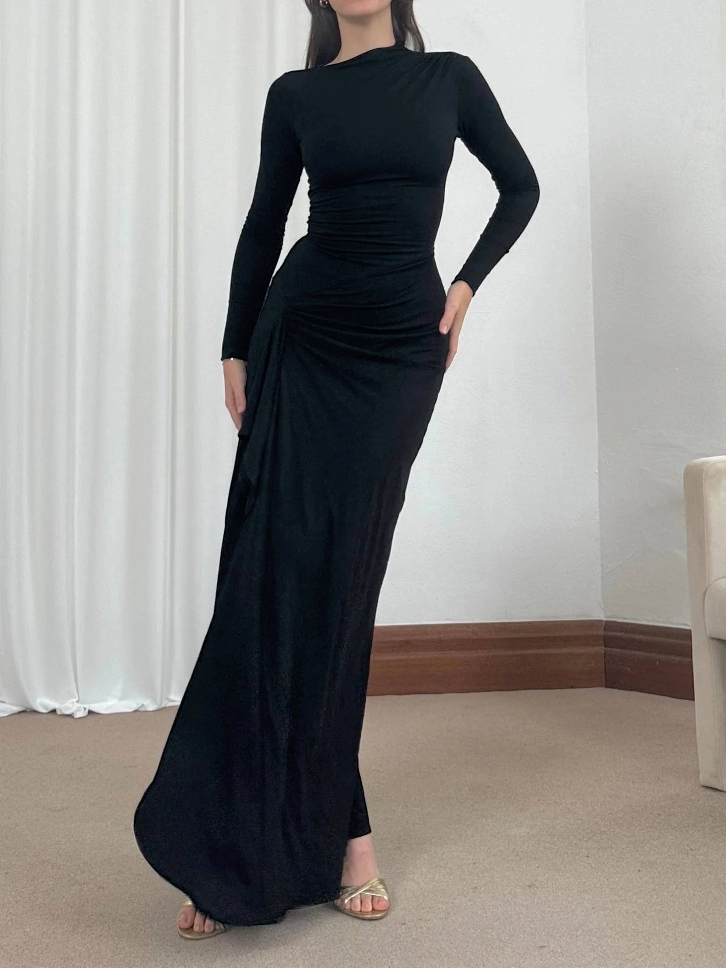 LONG SLEEVE SOLID COLOR IRREGULAR SHEATH DRESS