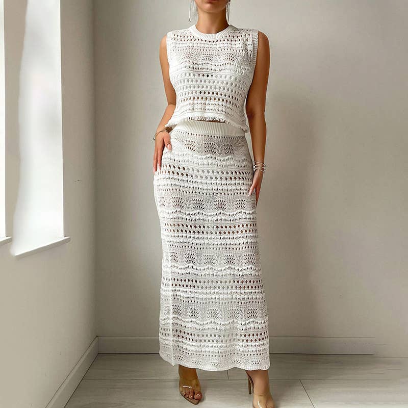 Solid knit beach dress bikini cover up set